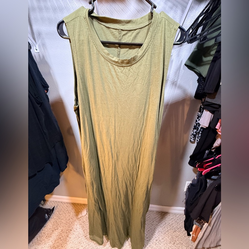 ⚡️Olive Green Maxi Dress 2XL Sleeveless Pockets Casual Chic